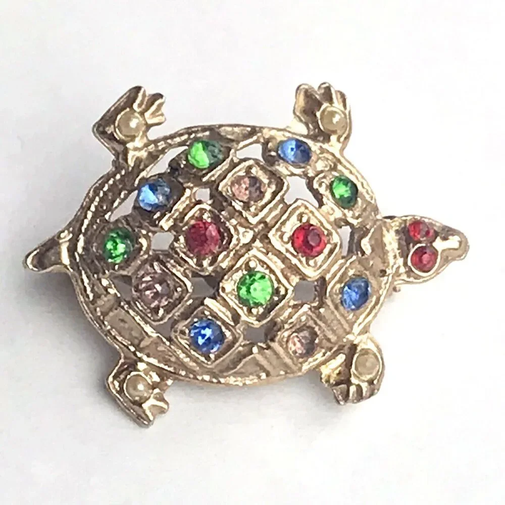 Turtle Fancy Multi Color Jeweled Brooch Pin Vintage Gold Tone